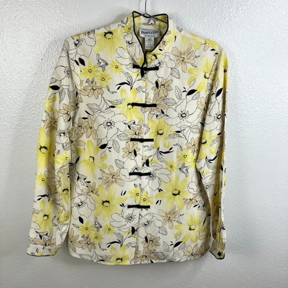 Pendleton Silk Linen Floral Mandarin Shirt Size 10 Butter Yellow Chinese Style